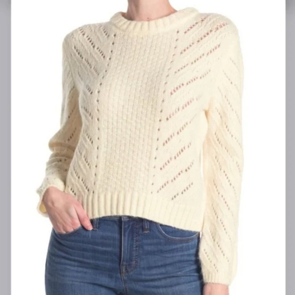 Elodie Women's Long Sleeve Pointelle Crewneck Pullover Sweater Ivory Medium